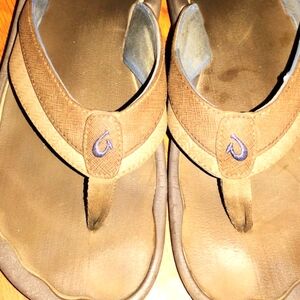Okukai Mens Brown Flip Flops with Embroidered Logo